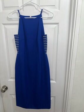 ANTONIO MELANI Cobalt Blue Sheath Dress with Striped Side Panels